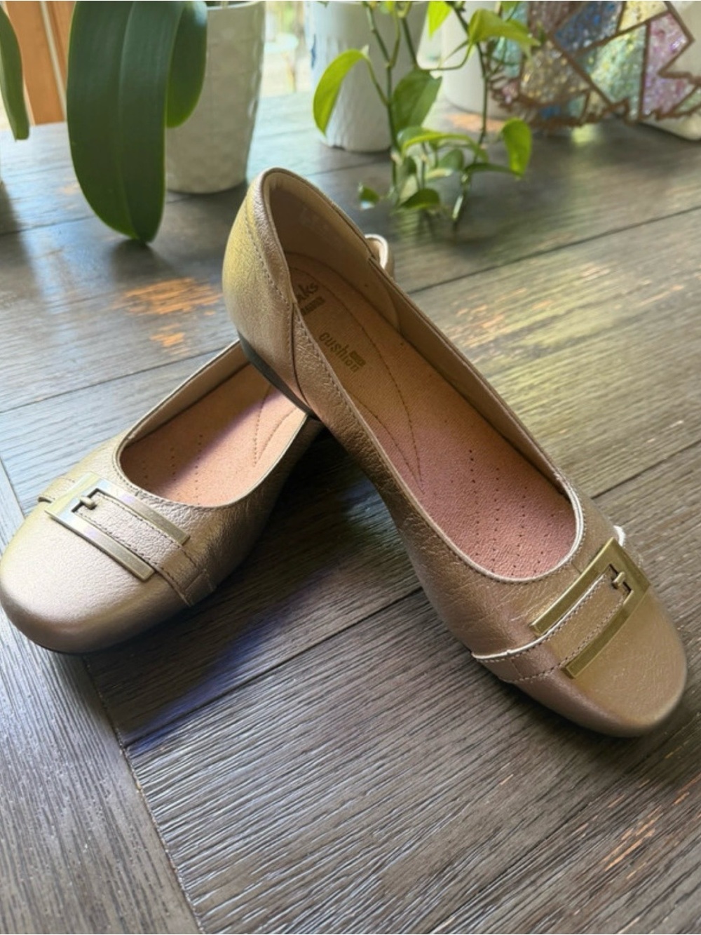 Clarks Women's Metallic Gold Ballet Flats with Buckle Detail